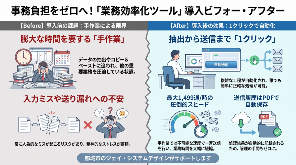 宮崎県都城市のジェイ・システムデザインによる業務改善の制作事例　面倒な会員更新案内を自動化！Excelマクロによる一斉送信システムビフォーアフター