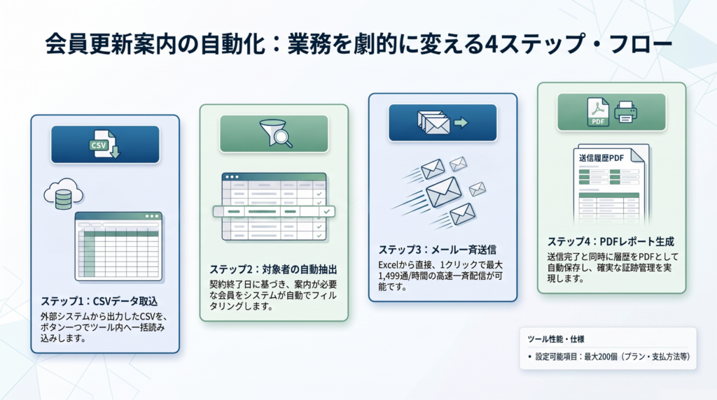 宮崎県都城市のジェイ・システムデザインによる業務改善の制作事例　面倒な会員更新案内を自動化！Excelマクロによる一斉送信システムステップフロー